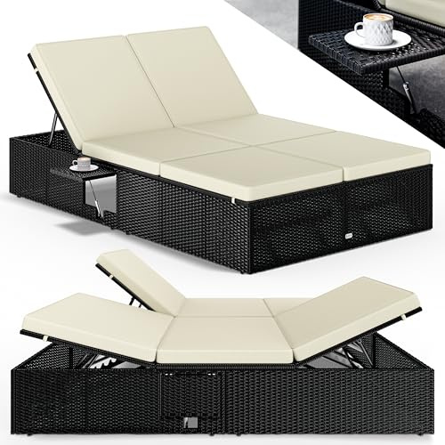 Casaria® Sonnenliege 2 Personen mit Klapptisch 7cm Auflagen Wetterfest Gartenliege 220kg Belastbar Liegestuhl Verstellbar Schwarz Creme 200x115cm