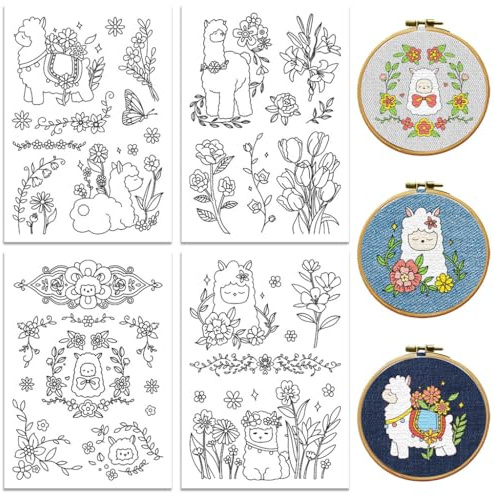 peacoblue Stickvorlagen Wasserlöslich für Anfänger 4 Sheet Alpaka mit Blumen with 31pcs Muster, Wash Away Stick and Stitch Auflösbares Stickereipapier für Handnähbegeisterte Frauen Erwachsene