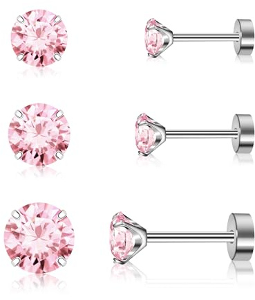 Artskin 3 pares de aretes de titanio con circonita cúbica para mujeres y hombres, aretes hipoalergénicos de espalda plana, aretes de plata para niñas, juego de aretes para cartílago de 3 a 5 mm