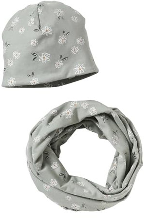 Vertbaudet Mädchen-Set: Mütze & Rundschal mit Blumen graugrün 152/158