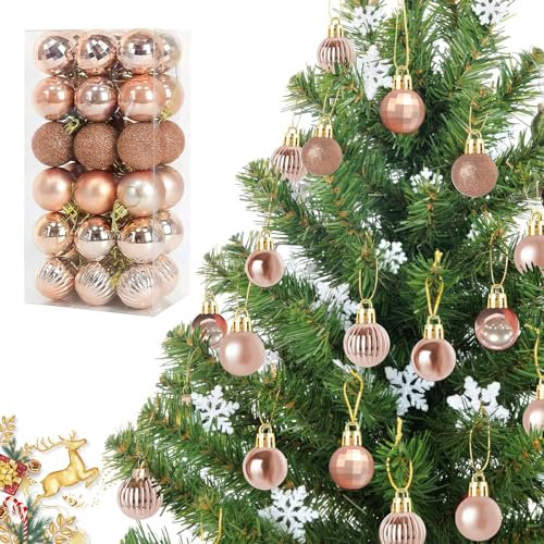 Shyllin 36 Piezas Brillantes Bolas de Navidad Con Cordón, 3 cm Inastillable Plástico Adornos Para Árbol, Rosa Para Navidad, Bodas, Fiestas