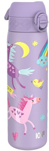 Ion8 Gourde Inox Léger, 600ml, Non Isolé, Anti-Fuite, Facile à Ouvrir, Verrouillage Sécurisé, Lavable au Lave-Vaisselle, Poignée de Transport, Durable, Acier Inoxydable, Violet Licorne