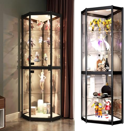 WWERTYY Beleuchtete Eckvitrine mit gehärtetem Glas, große, klare, abschließbare Glasvitrine/Vitrinenschrank, Aufbewahrungsregal für Figuren zur Heimdekoration
