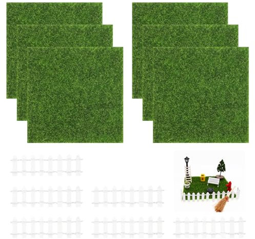 Belligern Fake Grass 6pcs Artificial Grass 15 * 15cm Fake Turf Tiles for Balcony,Life-Like Fairy Artificial Grass Mat,Suitable for Micro Landscape Decoration,with 6 Pieces of White Mini Fence
