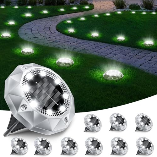 10 Pack Solar Ground Lights Outdoor, IP65 Waterproof Diamond LED Garden Lights - Auto On/Off Pathway Lighting for Driveway, Patio, Lawn & Landscape Decor | 8 Bright LEDs | Cool White