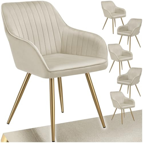 tectake® Esszimmerstuhl, gesteppter Samtstoff Stuhl, mit Armlehnen, als Essgruppe, Küchenstühle modern, gemütlicher Sessel Wohnzimmer, Dining Lounge, Schminktisch Stuhl- Creme/Gold, 6er Set