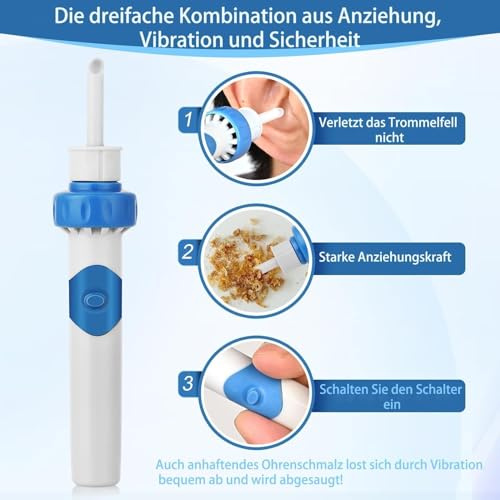 Ohrenschmalz Entferner Sauger, Oroclear Ohrenschmalz Sauger,Ohrenreiniger Elektrischer Ohrenschmalz Entferner mit Sauger und Waschbaren Ersatzköpfen,Zubehörset für Familien,Himmelblau