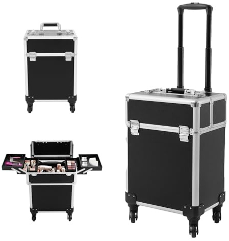ACROSSPART Kosmetikkoffer Trolley, 3-in-1 Schminkkoffer mit Faltbares Tablett und Rädern, Multifunktional Große Kosmetik Make up Koffer, Schminkkoffer für Reise, Friseure, Visagisten (Schwarz)