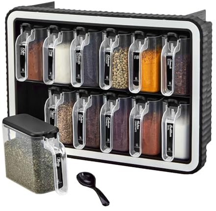 Kitchen Life 12‑teiliges Gewürzgläser‑Set mit Griff, Löffel & Wandhalterung – 300 ml – BPA‑frei, stapelbar – Mit selbstklebenden Etiketten & praktischer Dosierfunktion