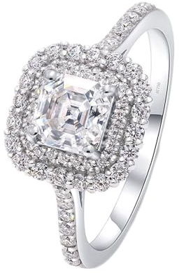 Silber Ringe Glitzer, Verlobungsring Damen 4 Zacken mit Quadratischer Form 7x7mm 2ct Moissanite 18K Weißgold Größe 52 (16.6)