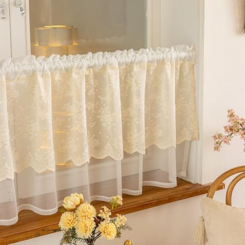 Jeeman halbtransparent Spitzen Doppel Scheibengardine Kurze Bistrogardine | Beige H60xB140cm Lichtdurchlässiger Küchengardine Romantische Kurzgardine im Landhausstil Wohnwagen Halbgardine