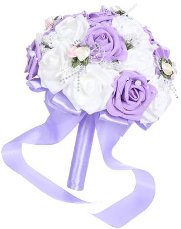 RETUOLWAG Bouquet da sposa con rose artificiali palmare per cerimonie di doccia e celebrazioni di anniversario bouquet di rose artificiali, Viola e bianco col, Taglia unica