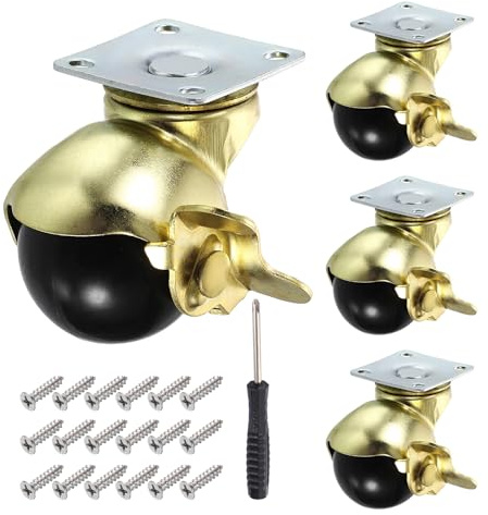 sourcing map 3,8 cm Kugelrollen, Möbelrollen mit Bremse, schwenkbare Oberplattenhalterung, selbstschneidende Schrauben/Schraubendreher für Möbel, (Gold, 4 Stück)