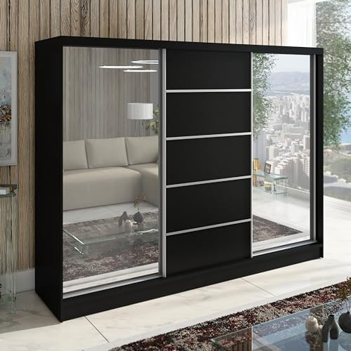 A&J MöbelLand Schwebetürenschrank TOP Kleiderschrank 3-türig 200 cm mit Spiegel und Schubladen, moderner Schlafzimmerschrank mit Schiebetüren (Schwarz)