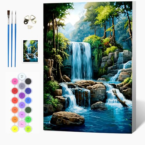 Auremi DIY Wasserfall Malen nach Zahlen Set für Erwachsene Kinder mit Holzrahmen,Landschaft Paint by Numbers Set Mit Ölgemälde für Anfänger Perfekte Geschenkidee und Wanddekoration 20x30cm