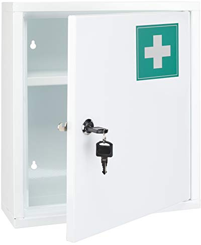 mucHome Medizinschrank aus Stahl, Weiß, 31,5 x 10 x 36 cm, Hängeschrank mit Schloss, Erste-Hilfe-Schrank für Medikamente, Apothekerschrank