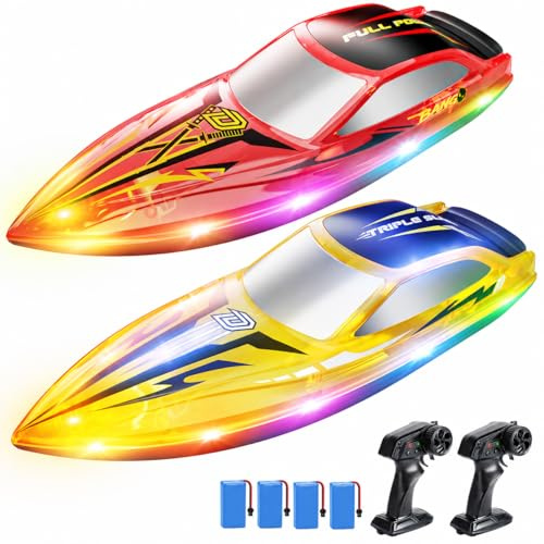 DEERC 2er-Pack RC Boote für Kinder,ferngesteuertes Boot mit 4*1200-mAh-Akkus, 120Min Laufzeit, 7 LED-Beleuchtungsmodi, Kenter-Wiederherstellungsfunktion, 2,4-GHz-Fernsteuerung, ideal für Pool und See.