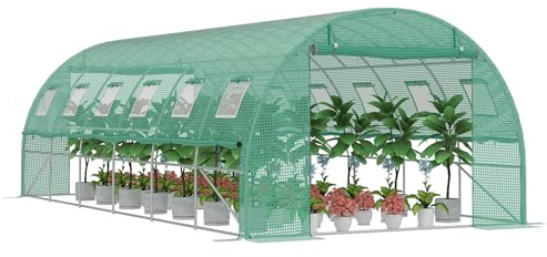 PEILU 18㎡ frostskydd, trädgårdsväxthus av stål, ram 3 x 6 x 2 m, HDPE-folieväxthus med 12 insektsskyddsgaller fönster och 2 dörrgångjärnsväxthus, trädgård, övervintringstält för växter