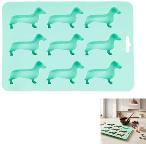 1 molde para cubitos de hielo de perro salchicha 3D, 220 x 160 x 18 mm, molde de silicona verde macarrón para cubitos de hielo en forma de perro, ideal para whisky, cócteles, fiestas, cumpleaños