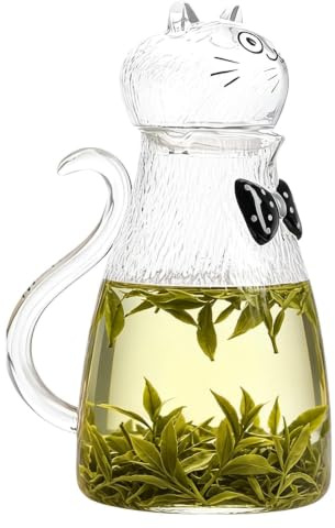 Large Clear Glass Tea Pitcher - 1800ml Cute Cat - Beverage Carafe | Borosilicate Glass | Heat-Resistant Animal Design for Loose Leaf Tea, Juice & Milk | Ergonomic Handle with Infuser Filter