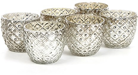 Hosley Set of 6 Antique Silver Glass Votive/Tealight Candle Holders – Mercury Style Decorative Cups for Weddings, Table Centerpieces & Home Décor – 2.75” Diameter
