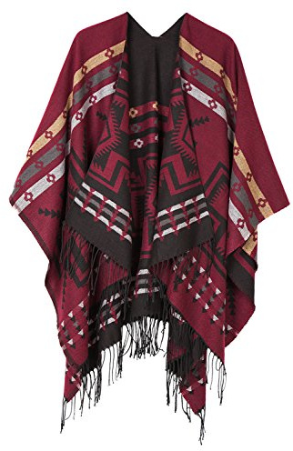 Urban GoCo Damen Poncho Stola Bohe Quaste Schal (#1 rot)