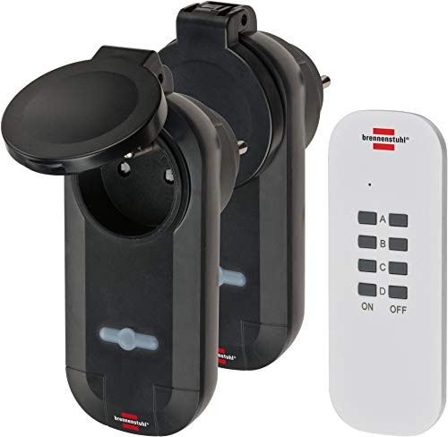 Brennenstuhl 1507031 Set 1 Télécommande et 2 Récepteurs Comfort-Line (Allumer et éteindre facilement les apprailes electrique, Utilisation en extérieur IP44), Noir & Blanc, Noir/Blanc, 2 Prises