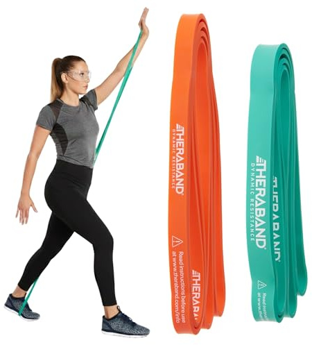 THERABAND High Resistance Bands, Set of 2 Elastic Super Bands for Improving Flexibility, Injury Rehab, & Full Body Workouts, Heavy Duty Stretch Bands for Lifting, 1 Light & 1 Medium Band