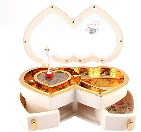 MAGT Musikalisk smyckeskrin, ballerina musik smycken förvaringsfodral med dubbla hjärtan för små flickor (vit)