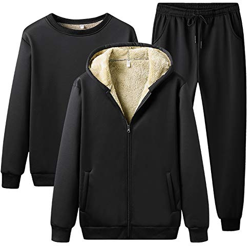 Jamron Herr Plus Storlek 3 Delar Vinter Fleece Träningsoverall Set Aktiva Sportkläder Joggingdräkter Svart XL