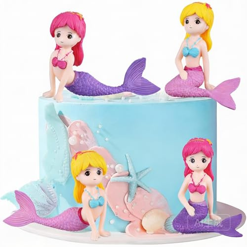 Tomaibaby Mermaid Cake Topper - 4PCS Birthday Cake Decorations, Mermaid Figurines-Doll Ornaments, Cupcake Toppers DIY Crafts Micro Fairy Garden Accessories Ocean Theme Party Supplies
