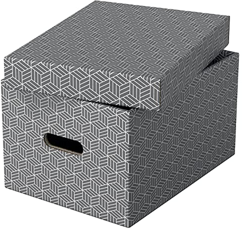 Esselte 3er Set mittelgroße Aufbewahrungs- & Geschenkboxen mit Deckel, Schachteln für Wohnung/Büro & Organisationszwecke, 100% recycelter Karton, 100% recycelbar, geometrische Designs, Grau, 628283
