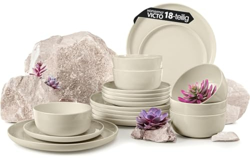 Konsimo. Geschirrset 6 Personen - VICTO Teller Set Modern 18 Teilig - Tafelservice & Geschirrsets - Kombiservice 6 Personen - Steingut Service für Familie - Geschirr Beige - Plates - Essgeschirr