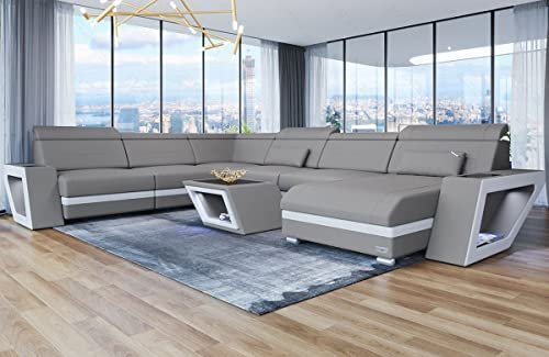 Sofa Dreams XXL Wohnlandschaft Catania - mit LED Beleuchtung, verstellbare Kopfstützen, Recamiere/Mikrofaser/Ausrichtung wählbar (Ottomane rechts, Weiss-Hellgrau)