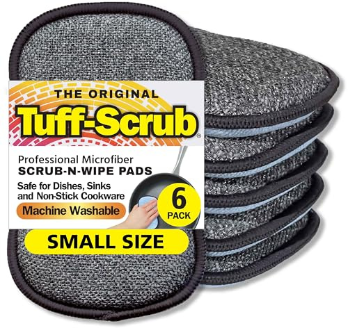 Original Scrub-N-Wipe Pad by Tuff-Scrub, 6-Pack, Microfiber, Multi-Surface, Non-Scratch, Dual-Sided, Scrubber for Dishes, Sinks, Non-Stick Cookware – Machine Washable, Durable Kitchen Sponge (Small)