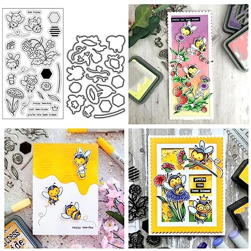 Sredwtk Bienen Blumen Erdbeeren Stanzschablonen und Stempelset,Stempel und Stanzen Set,Silikonstempel und Stanzen Set,Clear Stamp und Stanzschablone Für DIY Scrapbooking Fotoalbum Dekor Karten