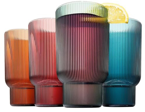 Khen Shatterproof Acrylic Tall Drinking Glasses Set, European Style, Dishwasher Safe, Ribbed | Set of 4 | Fluted Tritan Drinkware, Unbreakable BPA-free Plastic, Reusable Stackable Glassware 14.5oz