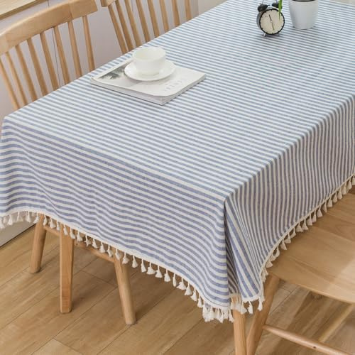 Plenmor Leinen Abwaschbare Tischdecke Baumwolle140x220, Leinenoptik Tischdecke Abwaschbar Tischtuch, Table Cloth Boho Tischdecken Gestreift Blau für Geburtstag, Küchentisch, Outdoor Tischdecken