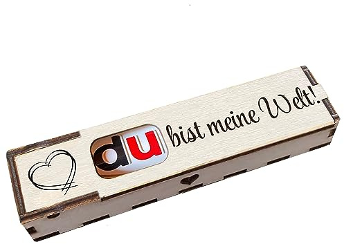 Duplo Geschenkbox mit Gravur inkl. Schokoriegel Holzbox mit Spruch Geschenkidee Schokolade Mitbringsel - Du bist meine Welt!