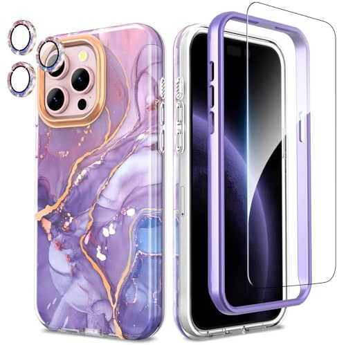 SHEDEER for iPhone 15 Pro Max Case with Glitter Camera Protector + Screen Protector, Chic Anti-Yellowing Pattern, Shockproof Drop Protection Anti-Scratch Phone Cover 15 Pro Max 6.7'', Violet