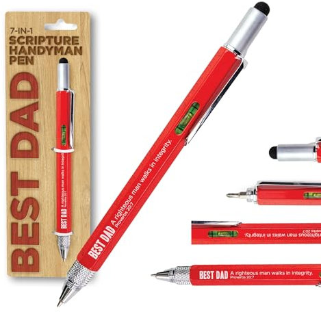 7 in 1 Multitool Pen With Scripture - Best Dad: Prov. 20:7 - Multi Tool Pen Screwdriver With Level, Ruler & Stylus - Blue Construction Pen As Christian Gifts For Men & Fathers, Dad Gadgets