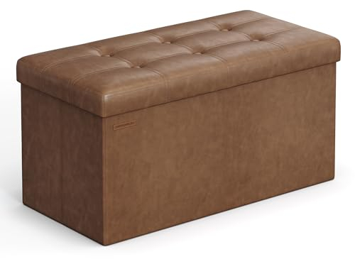 SONGMICS Puff Almacenaje, Baúl de Almacenaje Plegable, 38 x 76 x 38 cm, Taburete Reposapiés, Banco de Cubo, Soporta hasta 300 kg, para Sala de Estar, Dormitorio, Entrada, Marrón Café LSF040K11