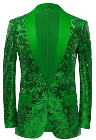 Riunione di Capodanno Fine Anno Festa Famiglia Uomo Oversize Casual Danza Paillettes Vestito Moda Giacca Mens Spandex Completo Body Suit, Verde, L
