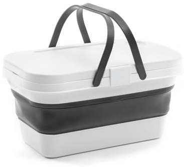 Avilia Faltbarer Picknickkorb mit Ablagefläche – Faltbarer Korb für Strand und Camping, aus Polypropylen, 16 l, Weiß und Grau, 47,3 x 9 – 24,5 x 29 cm