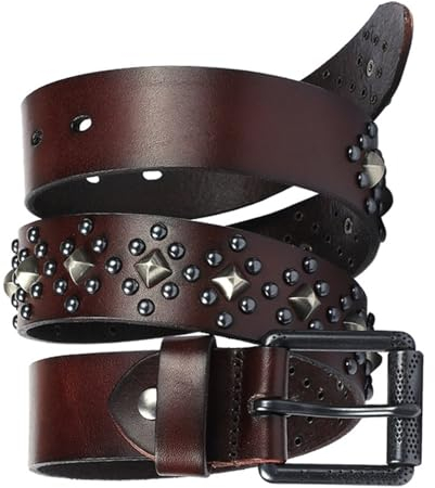 AKAFKKPYXSD Neutraler Nietengürtel Aus Leder Metallnieten Design Klassische Verstellbare Dornschließe Punk Rock Stil Mode Freizeitgürtel(120cm/waist:40~42, Coffee)