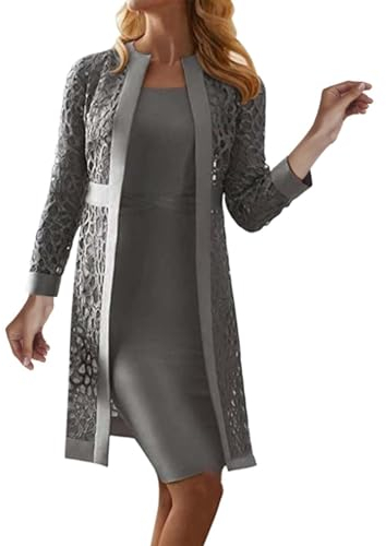 Conjunto de 2 piezas para mujer, cárdigan de lentejuelas brillantes, vestido midi de encaje, talla grande, manga larga, frente abierto, vestidos de noche para madre de la novia, gris, M