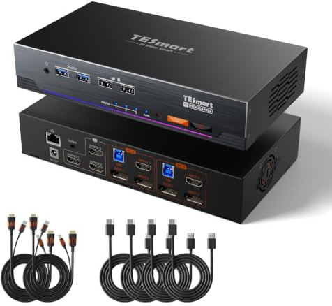 TESmart 8K@60Hz DisplayPort HDMI KVM Switch 3 Monitors 2 Computers | Triple Monitor KVM Switch 2 Port Extended Display, USB 3.0, EDID Emulators, Headset, Hotkey, All Input Cables Included