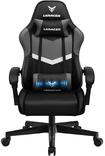 GTPLAYER Sedia da Gaming, Sedia da Ufficio, Massaggiante, Seggiolino da Gaming Ergonomico per Gamer, con Poggiatesta e Cuscino Lombare Massaggiante, Imbottita, Sedia da Gaming Girevole, Grigia