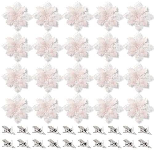 20 Stücke Christbaumschmuck Glitter Poinsettia,Weihnachtsschmuck Baumschmuck Künstliche Weihnachtsblumen Deko für Weihnachtsbaum Weihnachtskranz Ornamente (Rosa-Weiß)