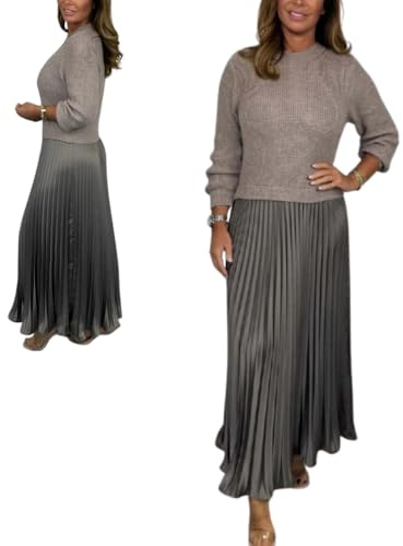 Baitang Women's Solid Color Long Sleeve Jumper & Pleated Bottom Dress Fashion Sweatshirt Top and Pleated Bottom Women's Dress Khaki